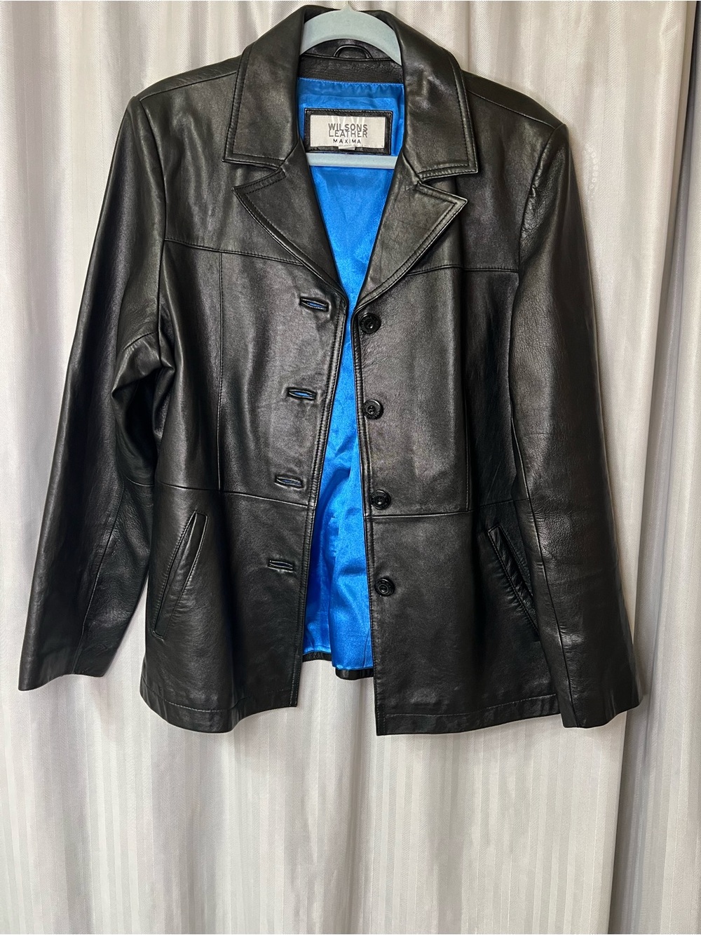 Wilsons Leather Black Leather Jacket with Blue Lining size Large